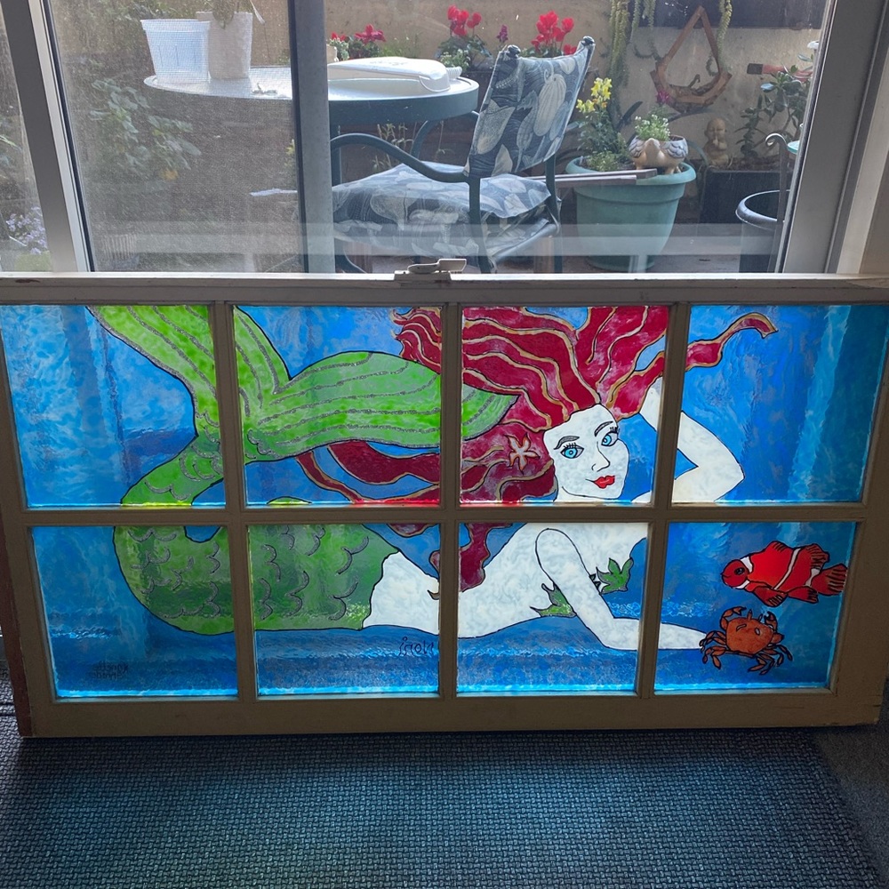 Large vintage hand crafted painted 8 glass pane wood window Mermaid Suncatcher